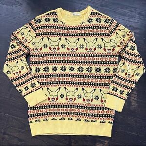 Pokemon Pikachu Patterned Fair Isle Yellow Knitted Kids XL Sweater & Hat Set